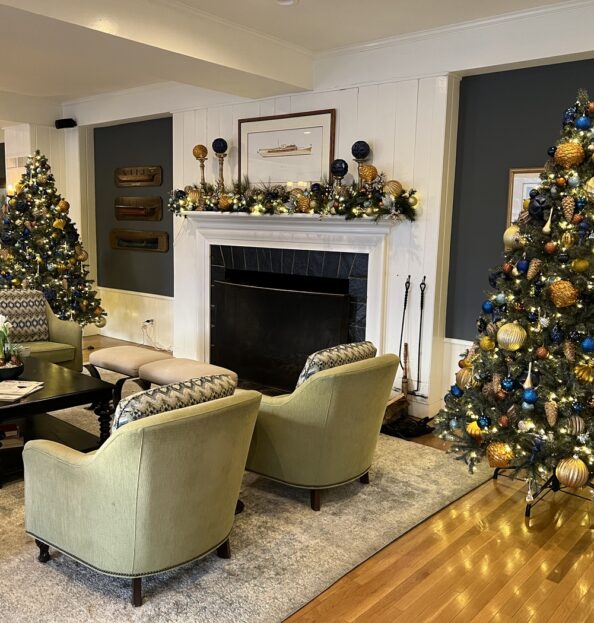 Christmas tress decorated as well as the hearth at our luxury Irvington, VA resort